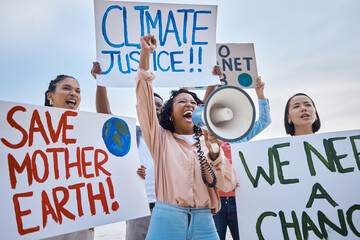Black woman, climate change and megaphone protest with crowd protesting for environment and change....