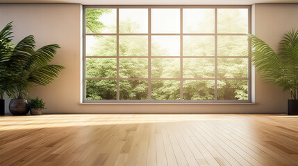 Modern contemporary style empty room with white wall and large window look out to see nature view.