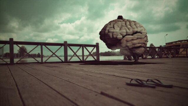 Wooden Brain on a Riverfront Deck with Birds in the Background