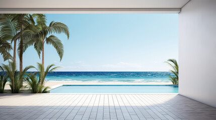 Sea view empty large living room of luxury summer beach house with swimming pool near wooden terrace. Big white wall background in vacation home or holiday villa. Hotel interior