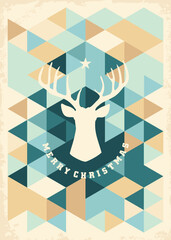 Christmas winter greeting card concept with deer silhouette on vintage background pattern. Retro invitation vector design. Sale banner template for winter holidays.