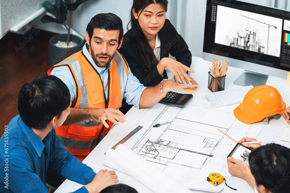 Poster diverse group of civil engineer and client working together on architectural project, reviewing cons
