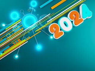 happy new year festival party, graphic abstract design. celebration geometric. happy decoration idea. 2024 number text. christmas art winter wallpaper. background sparkle rendering, 3d illustration