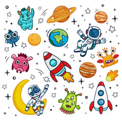 set of cosmos in doodle style: astronaut, planets, stars, rocket and alien, monster for design. Science space exploration. Vector