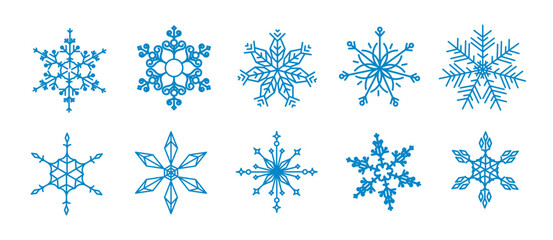 Set of snowflakes linear vector icon. Geometric snowflake shape, nature and winter related vector symbol hand drawn contour collection. Line art illustration design for logo, sticker, christmas.