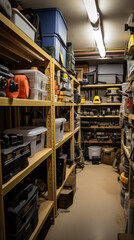 Fototapeta premium Shelving for things that are rarely used, storing things in the basement of the house or in a special container room, pantry or storage shed