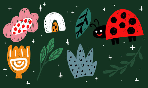 Set of colorful floral and natural elements. A collection with floral doodles in a children's style on a green background. Rainbow, flowers, ladybug, leaves, branches, shrub, stars. Painted stickers