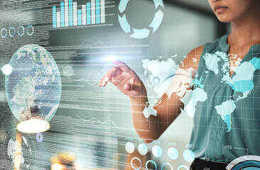 World, future and overlay with a business black woman using an ai or ux interface to access the metaverse of data. Digital, finance and information with a female employee working on a 3d hologram