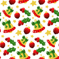 Seamless pattern for Christmas and New Year's events. Illustrations of mistletoe, bell, Christmas tree toy cone on a white background with stars. Use as packaging, printing on textiles. Children's