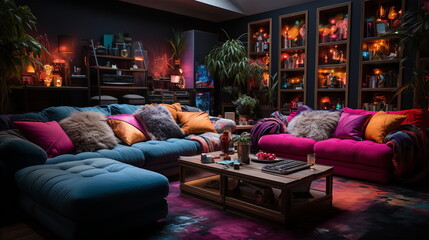 Multi colored sofa in room with red violet lighting. Interior design concept. AI generated