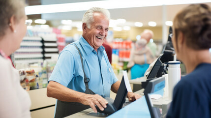 A happy supermarket cashier at work - obrazy, fototapety, plakaty