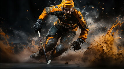 Hockey player with stick playing in arena with mud. Professional sport hockey concept. AI generated