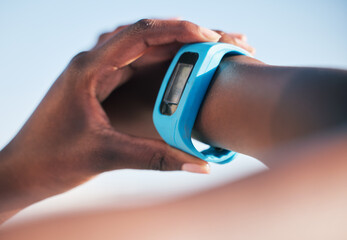 Hands, smart watch and check to monitor for steps, heart rate or speed for running, health or...