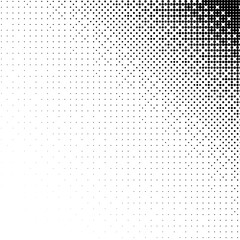 Monochrome vignette corner with a halftone raster gradient pattern of small black dots on a white background. Vector screentone retro illustration for comic and manga books