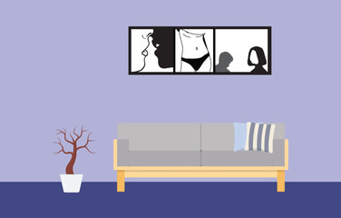 sofa in a living room with painting on the wall vector illustration