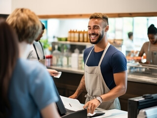 Obraz premium A happy supermarket cashier at work