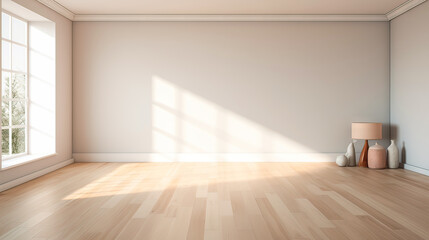 Obraz premium modern empty room with wooden floor and large white plain wall.