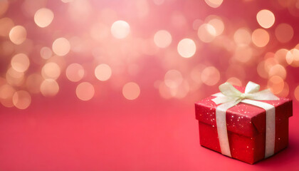 Obraz premium christmas gift wallpaper in red plus bokeh with copy space