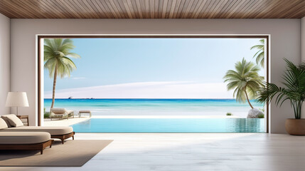 Lounge chair on terrace near bright living room and sofa in modern beach house or luxury pool villa. Cozy home interior