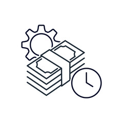 Money, mechanism, time.Financial efficiency instrument, tool.  Vector linear icon isolated on white background.