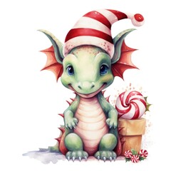 Fantasy watercolor christmas dragon with gift boxes. Symbol of the year 2024. Generative AI
