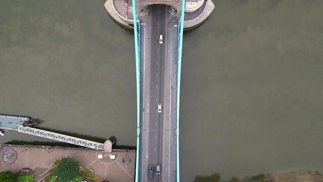 Top-down aerial view of Tower Bridge in London, England, United Kingdom