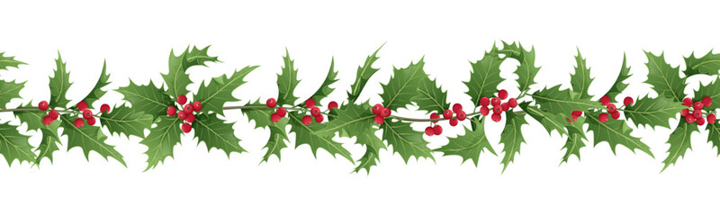 Seamless border with holly berry. Christmas ornament with winter plants on isolated background. Suitable for design of greeting cards, gifts, decorative tape, ribbon