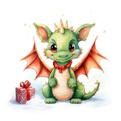 Fototapeta premium Fantasy watercolor christmas dragon with gift boxes. Symbol of the year 2024. Generative AI