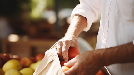 A person holds an eco shopping bag to buy fruit at a farmers market - obrazy, fototapety, plakaty