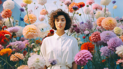 Portrait of a beautiful young brunette girl with curly hair in a white blouse and sunglasses on a background of pink flowers