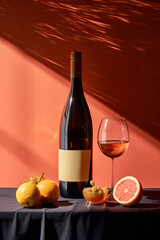 bottle of wine, grapefruits and oranges on red background