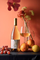 Bottle of white wine, grape and flowers on orange background.