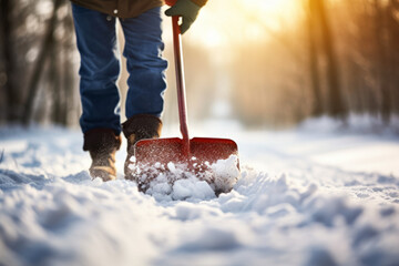 A person using a snow shovel to clear snow from a path after a winter storm