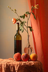 Still life with a bottle of wine, peaches and a rose