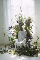 Beautiful flowers in vase on chair in white room, vintage style