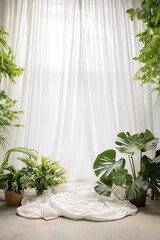 Interior of living room with green plants and white curtains, stock photo