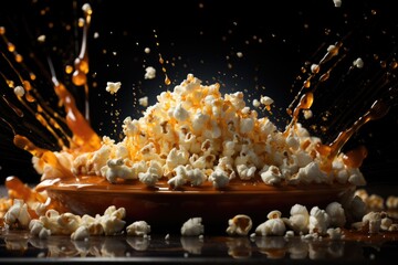 Flying caramelized popcorn with syrup on dark background