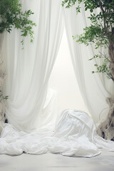 White curtains and plants on the white background, soft focus, vintage tone