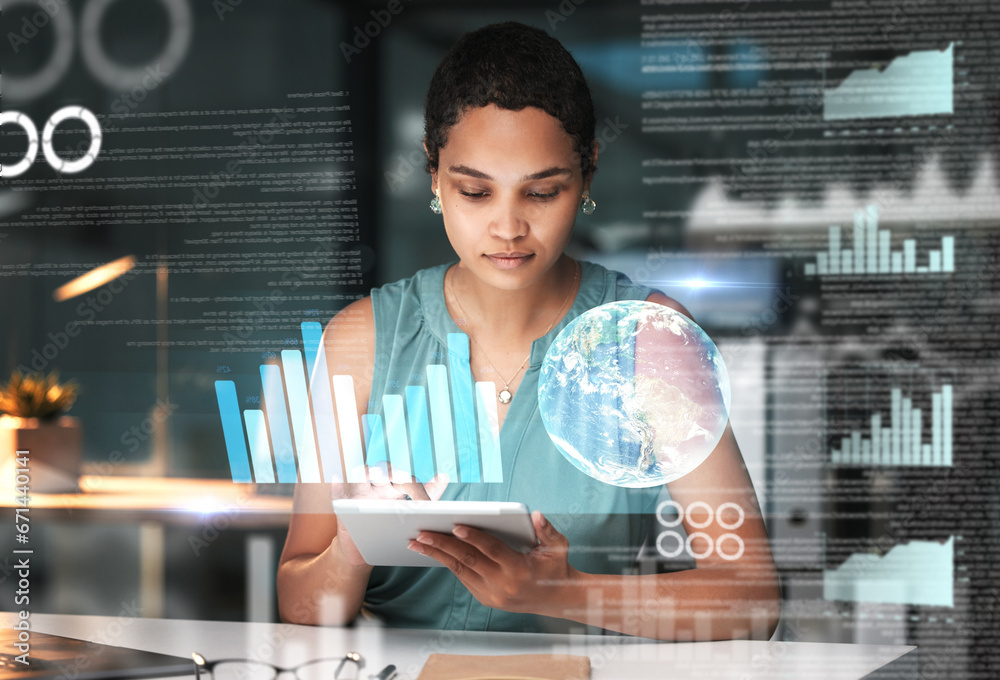 Poster Black woman with tablet, erp data hologram and innovation, research and programming in future information technology. Futuristic network, analytics and developer for startup business website software