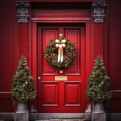 Red door with a Christmas wreath. Christmas decorations. Generative AI