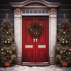 Red door with a Christmas wreath. Christmas decorations. Generative AI