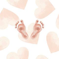 Prints of children's feet on a background of pink hearts. Vector illustration. Watercolor style. Cards, invitations, newborn baby shower, gender party