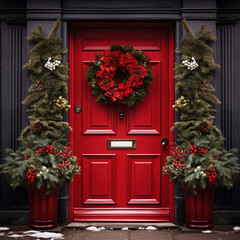 Fototapeta na wymiar Red door with a Christmas wreath. Christmas decorations. Generative AI