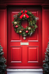 Red door with a Christmas wreath. Christmas decorations. Generative AI