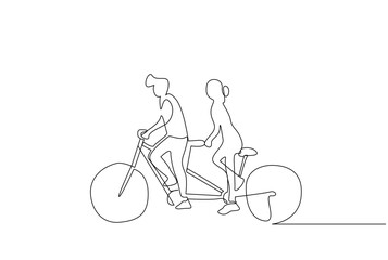 young couple man and woman riding the same bike park outdoor life line art design