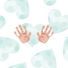 Prints of children's hands on a background of hearts. Vector illustration. Watercolor. Greeting cards, invitations, newborn baby shower, gender party.