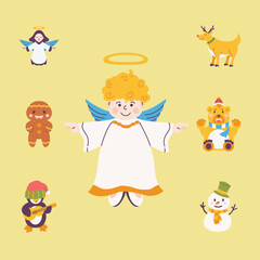 Christmas Vector Characters Set. angel, reindeer, bear, snowman, penguin, gingerbread. cute christmas character, christmas element, christmas collections. Vector Illustrations	
