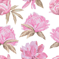Pink pastel peonies. Vector seamless pattern in watercolor style. Greeting cards, wedding invitations, wrapping paper, textiles, Valentine's day.
