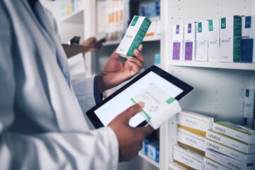 Pharmacist, tablet and hands for inventory inspection, box or medication on shelf at the pharmacy....