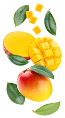 Mango fruit with mango cubes and leaves isolated on a white background. Mango with leaves clipping path. Flying in air mango